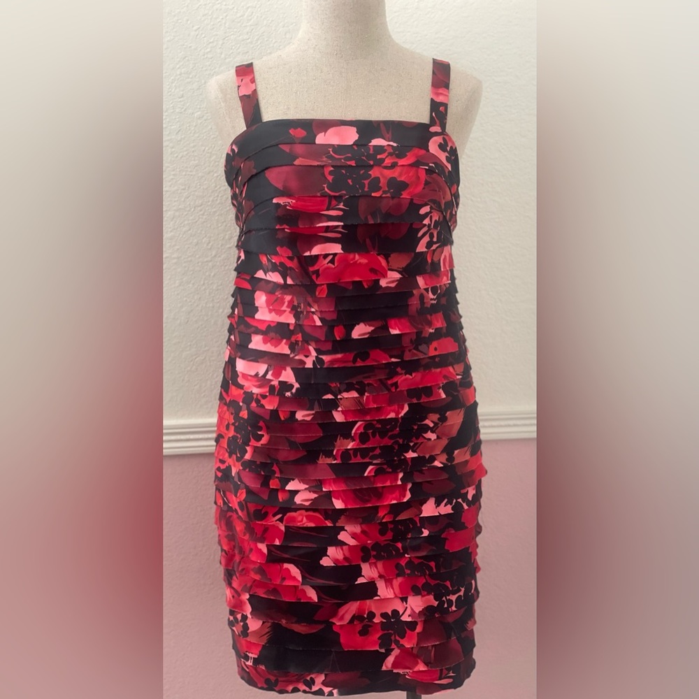 dressbarn Red and Pink Floral Ruffled Cocktail Dress